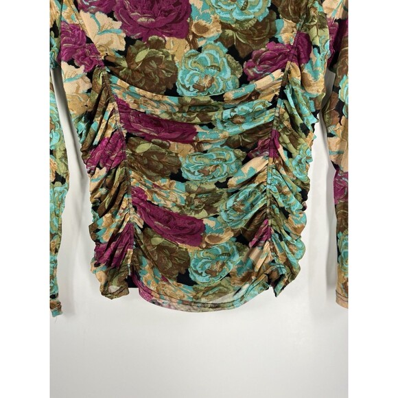 Jane & Delancey Floral Tulle Turtleneck XL Long Sleeve Ruched Sheer Mesh Top - Picture 5 of 6